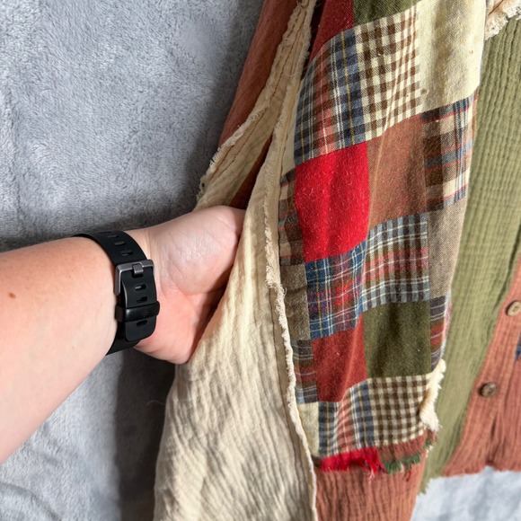 Blue Velvet Gauze Patchwork Tunic Dress Womens XL Terracotta Olive Floral Plaid - Picture 4 of 9